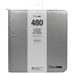 Ultra PRO 12-Pocket Zippered PRO-Binder: Silver Made With Fire Resistant Materials -Card Game Accessories Shop 15946 12Pkt ZipPB FireResist Front wPkg